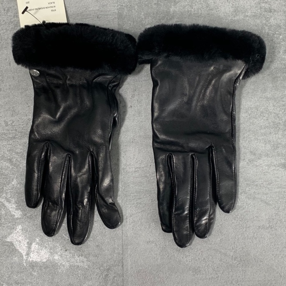 UGG Genuine Black Shearling Trimmed Leather Gloves